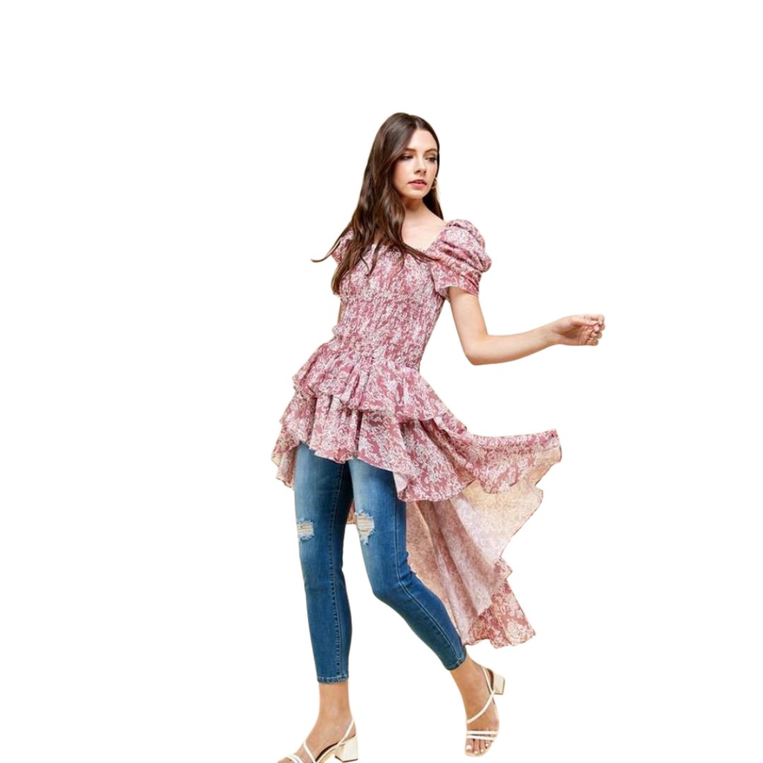  chic, high-low, dressy top. Lightweight fabric, classic silhouette, and flowy design, pink and floral design.