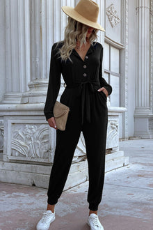  Button Front Belted Jogger Jumpsuit with Pockets