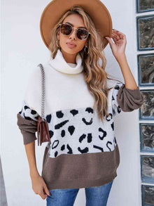  Leopard Color Block Turtleneck Sweater
