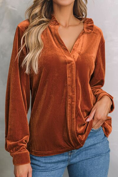Notched Frill Detail Long Sleeve Blouse