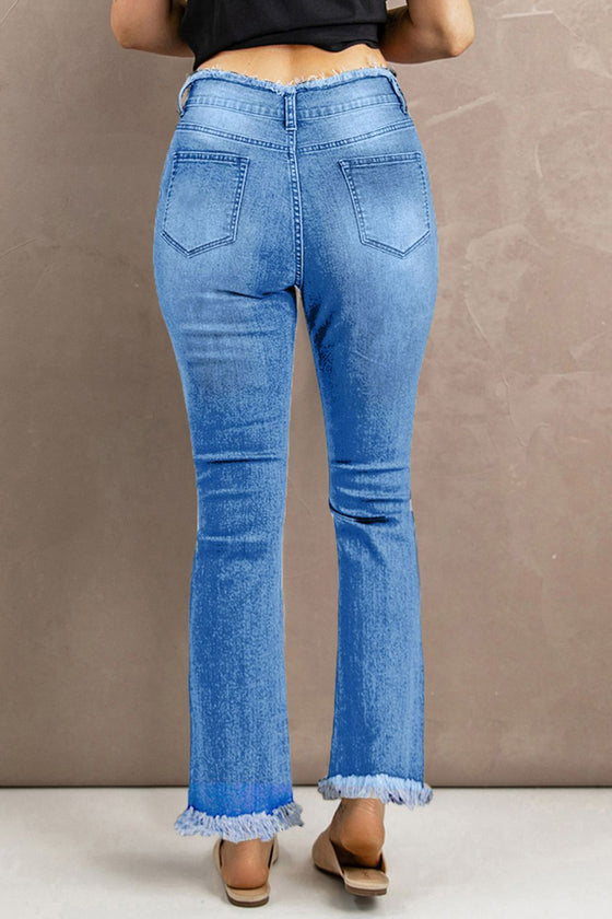 High Waist Distressed Raw Hem Jeans