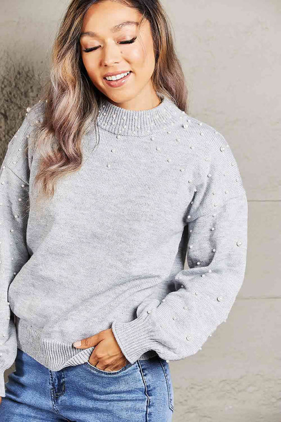 Woven Right Pearl Dropped Shoulder Ribbed Trim Sweater