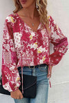 Patchwork Buttoned Tie-Neck Balloon Sleeve Blouse