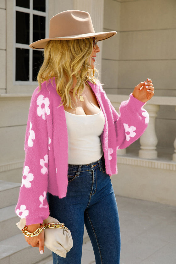 Floral Open Front Fuzzy Cardigan