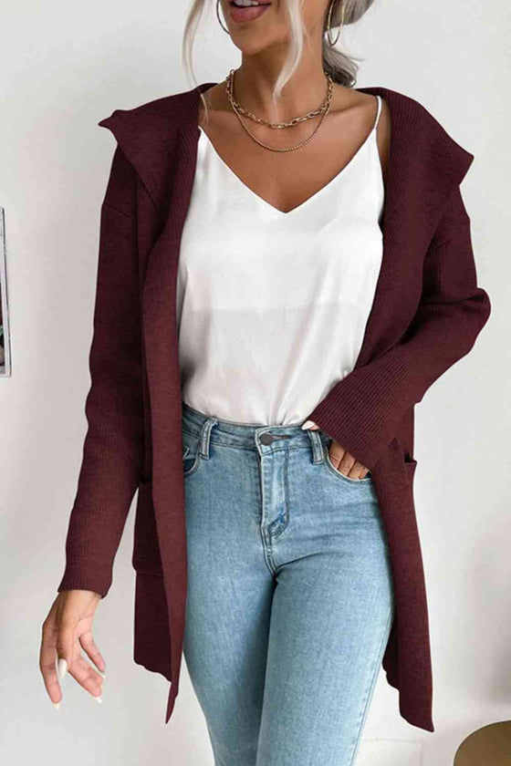 Double Take Ribbed Open Front Hooded Cardigan with Pockets