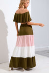 Off-Shoulder Crop Top and Color Block Tiered Skirt Set