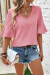 Textured V-Neck Flounce Sleeve Blouse