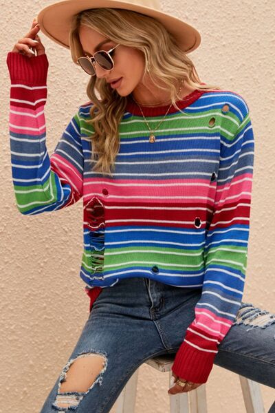 Striped Distressed Cutout Round Neck Sweater