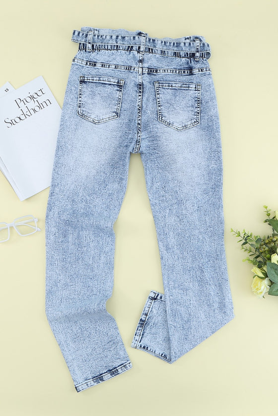 Acid Wash Belted Button Fly Distressed Jeans
