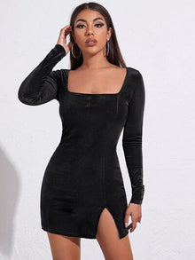  Square Neck Slit Mini Wrap Dress