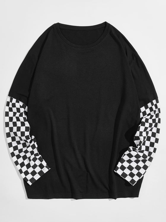 Checkered Long Sleeve Round Neck Tee