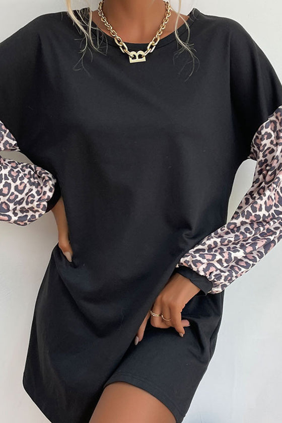 Leopard Print Sleeve Sweatshirt Dress
